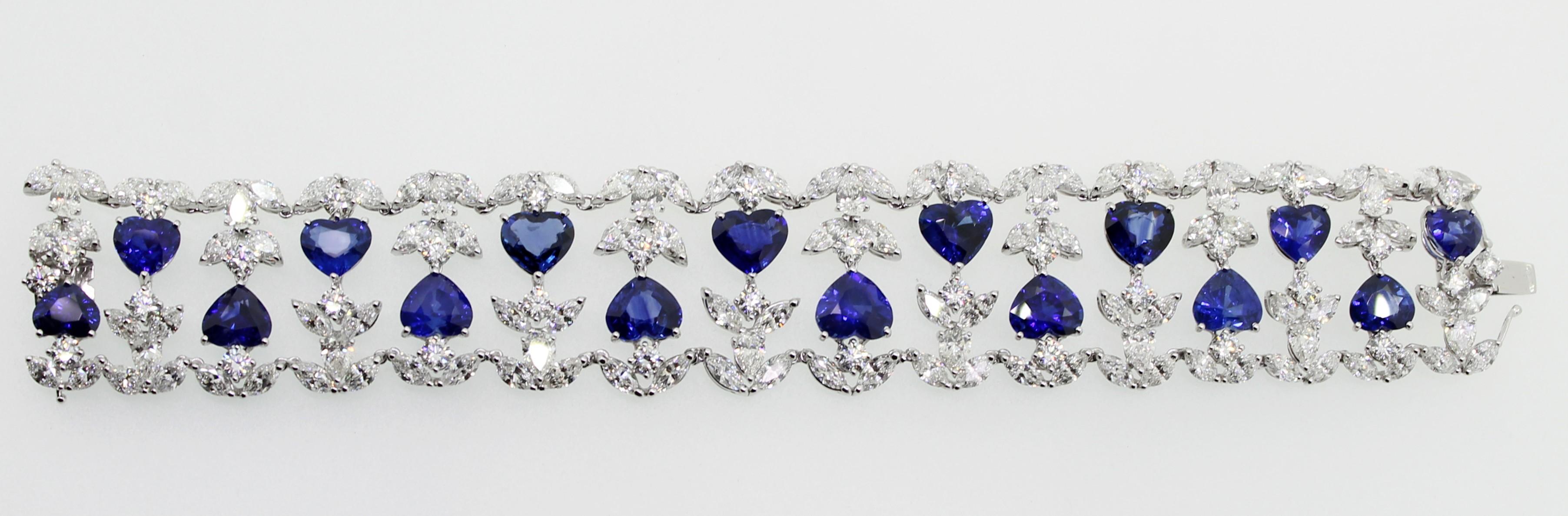 Contemporary 39.45 Carat Heart Shape Sapphire and White Diamonds Cuff Bracelet For Sale