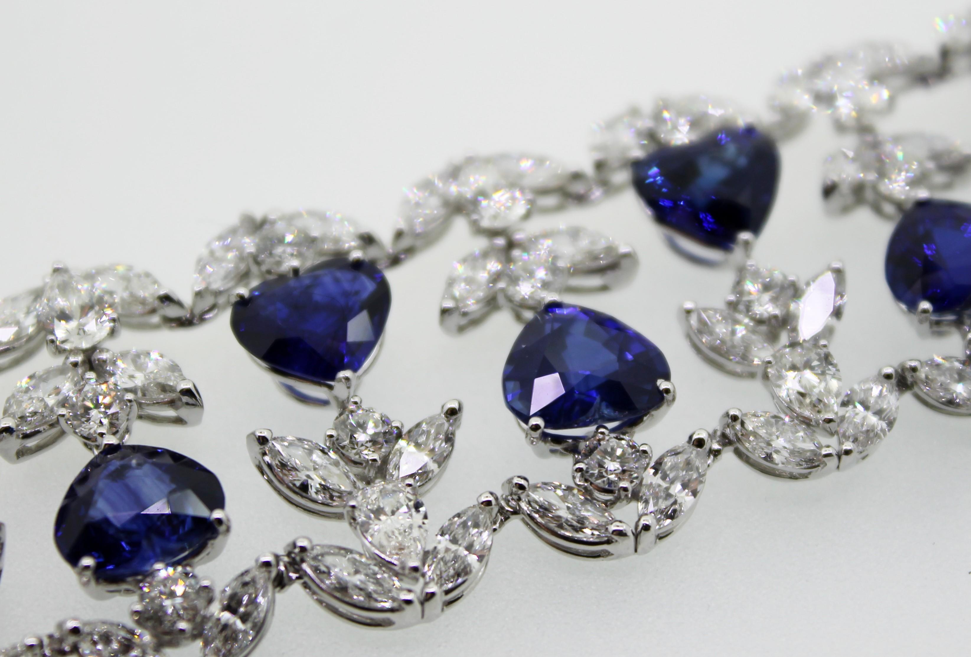 39.45 Carat Heart Shape Sapphire and White Diamonds Cuff Bracelet For Sale 3