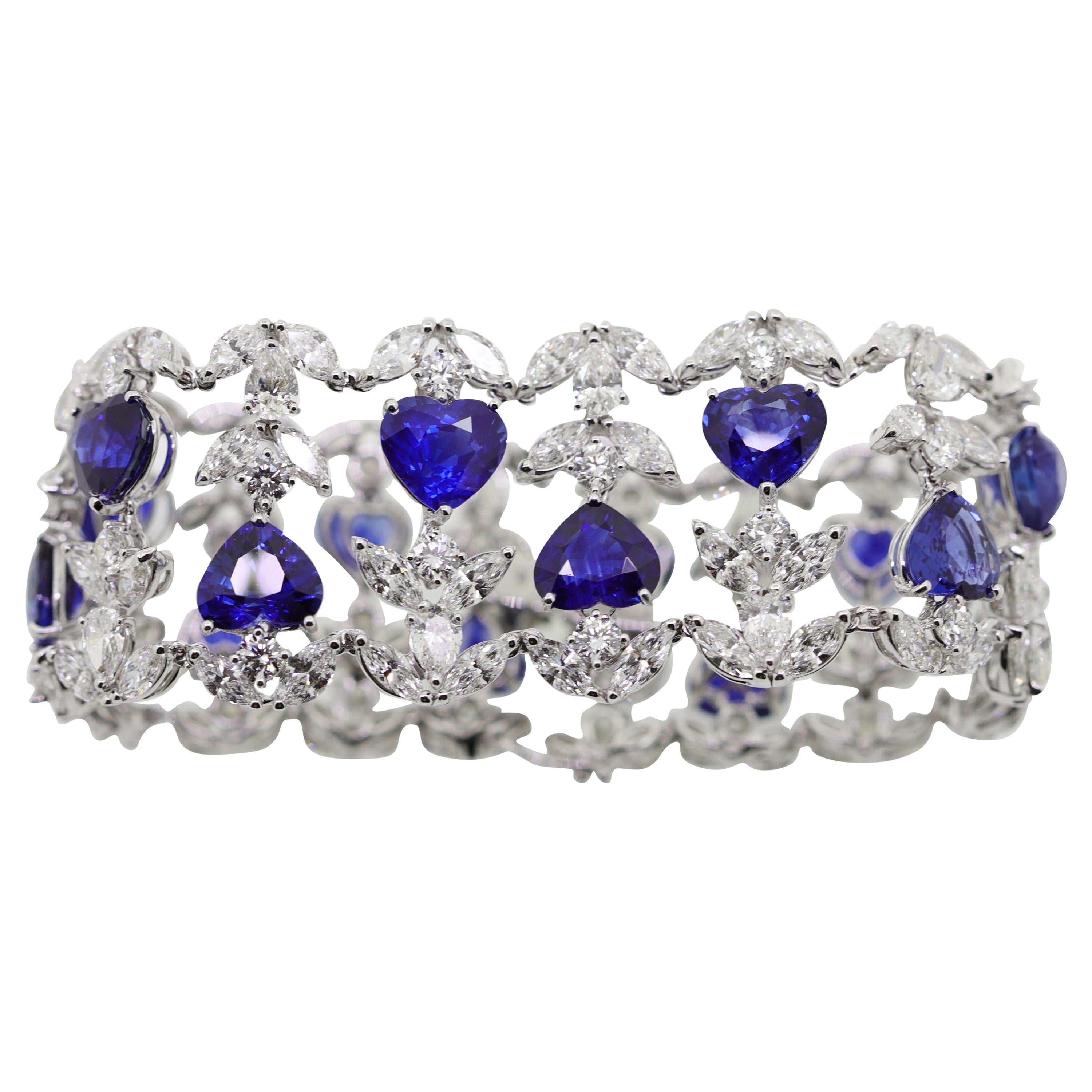 39.45 Carat Heart Shape Sapphire and White Diamonds Cuff Bracelet For Sale