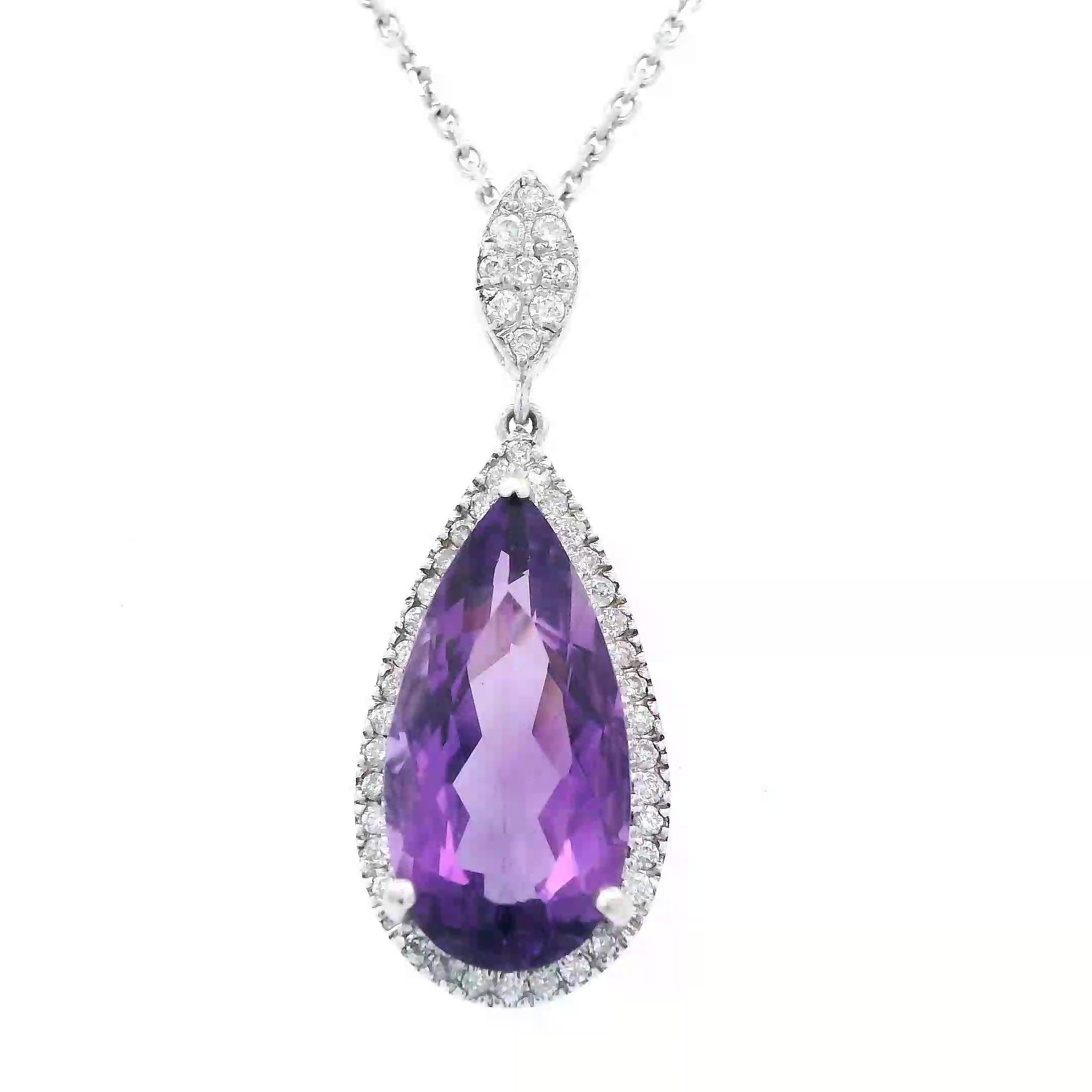 Contemporary 3.94ct Pear Amethyst & Diamond Pendant Necklace White Gold For Sale