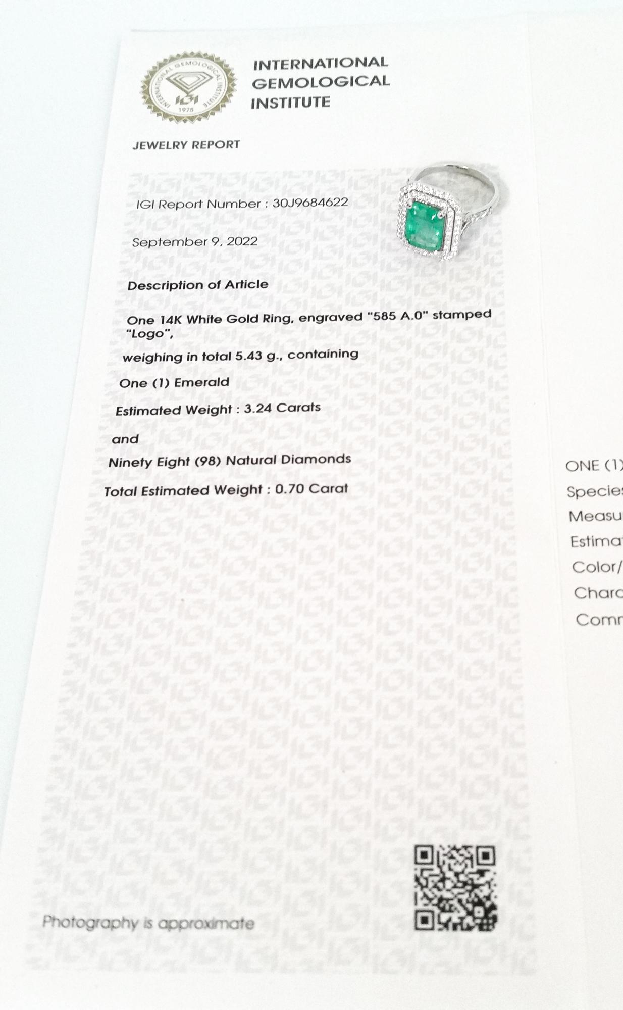 IGI Certified 3.94ct Total Weight Emerald and Diamond Ring 14k White Gold 2