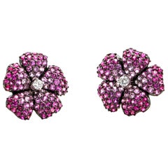 3.95 Carat 18 Karat White Gold Pink Sapphire Diamond Flower Stud Earrings
