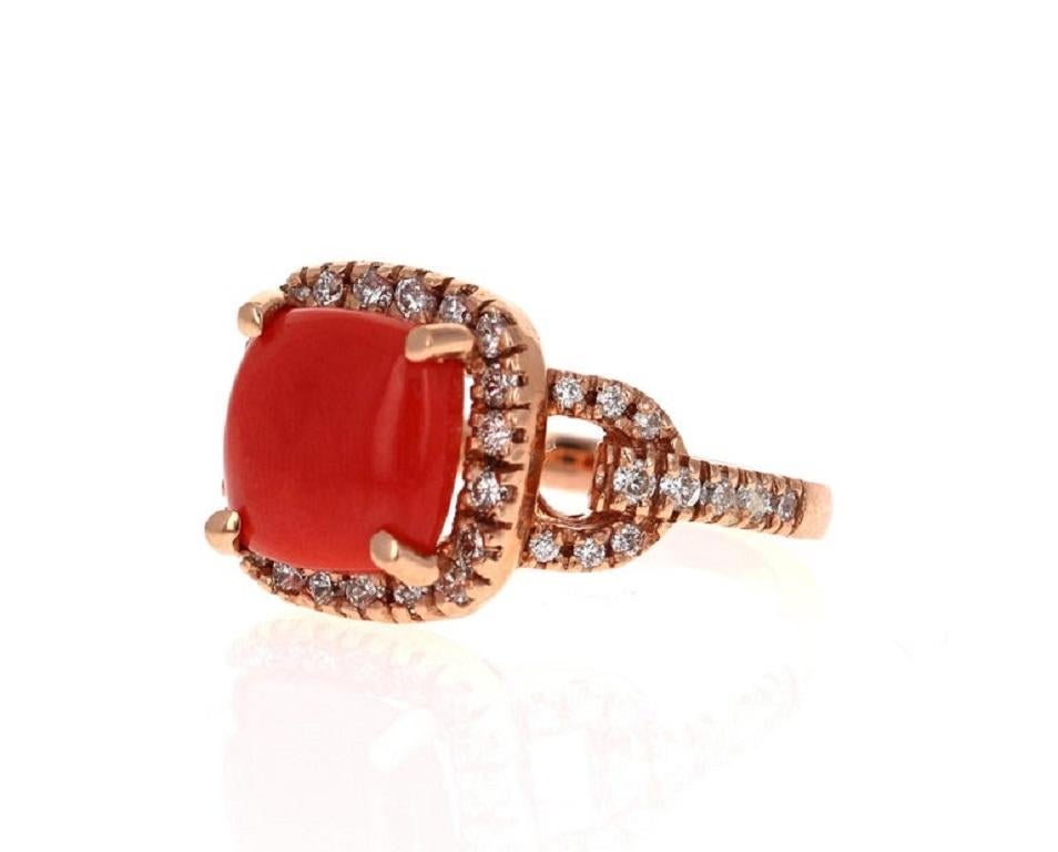 Contemporary 3.95 Carat Coral and Diamond 14 Karat Rose Gold Cocktail Ring For Sale