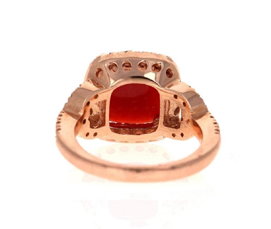 Cushion Cut 3.95 Carat Coral and Diamond 14 Karat Rose Gold Cocktail Ring For Sale
