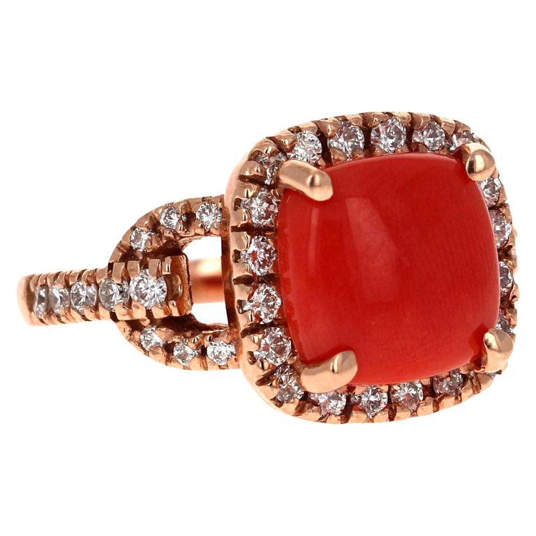 3.95 Carat Coral and Diamond 14 Karat Rose Gold Cocktail Ring For Sale
