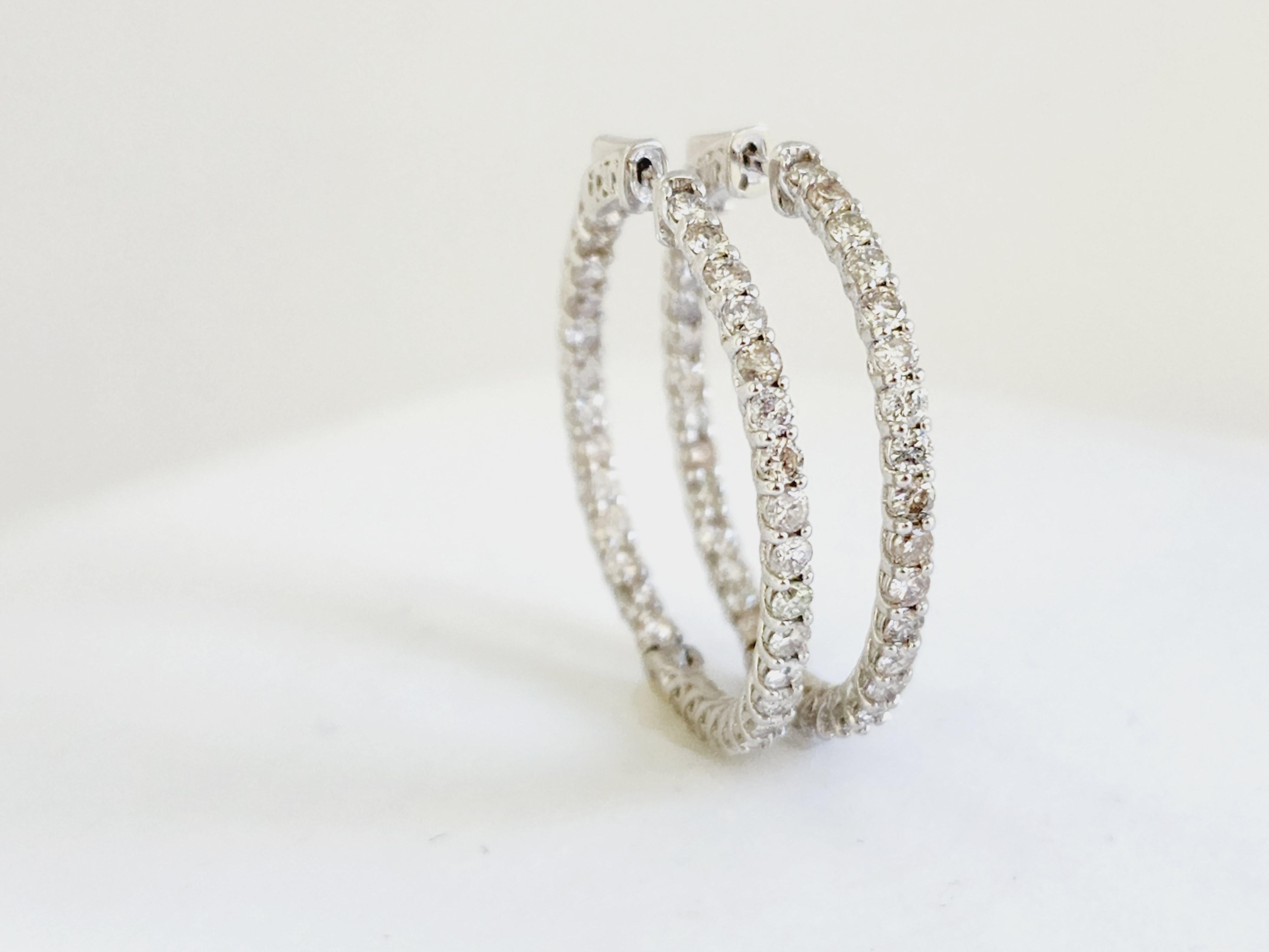 Women's 3.95 Carat Diamond Hoops Earrings 14 Karat White Gold