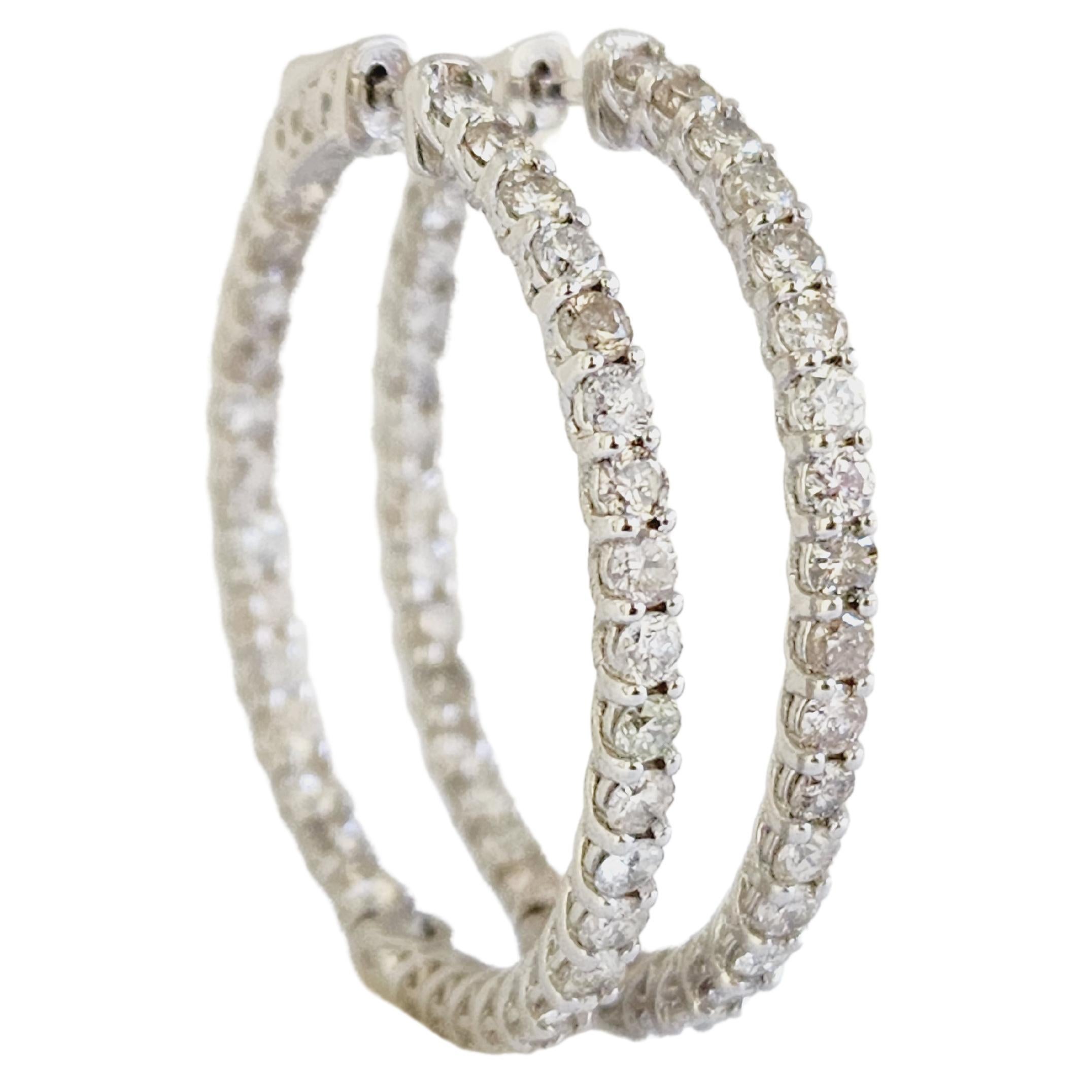 3.95 Carat Diamond Hoops Earrings 14 Karat White Gold