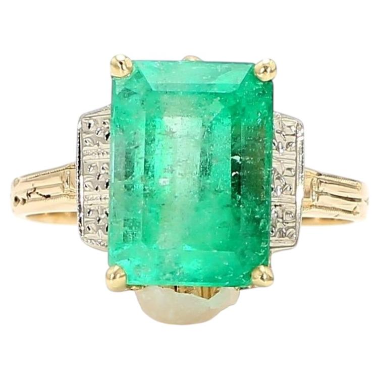 3.95 Carat Emerald & Diamond Milgrain Vintage 14K Gold Ring