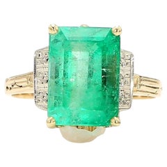 3.95 Carat Emerald & Diamond Milgrain Vintage 14K Gold Ring