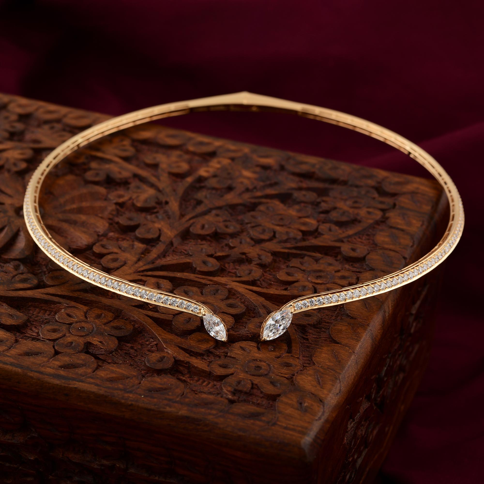 Taille Marquise 3.95 Carat Marquise Round Brilliant Cut Diamond Choker Necklace 14k Yellow Gold en vente