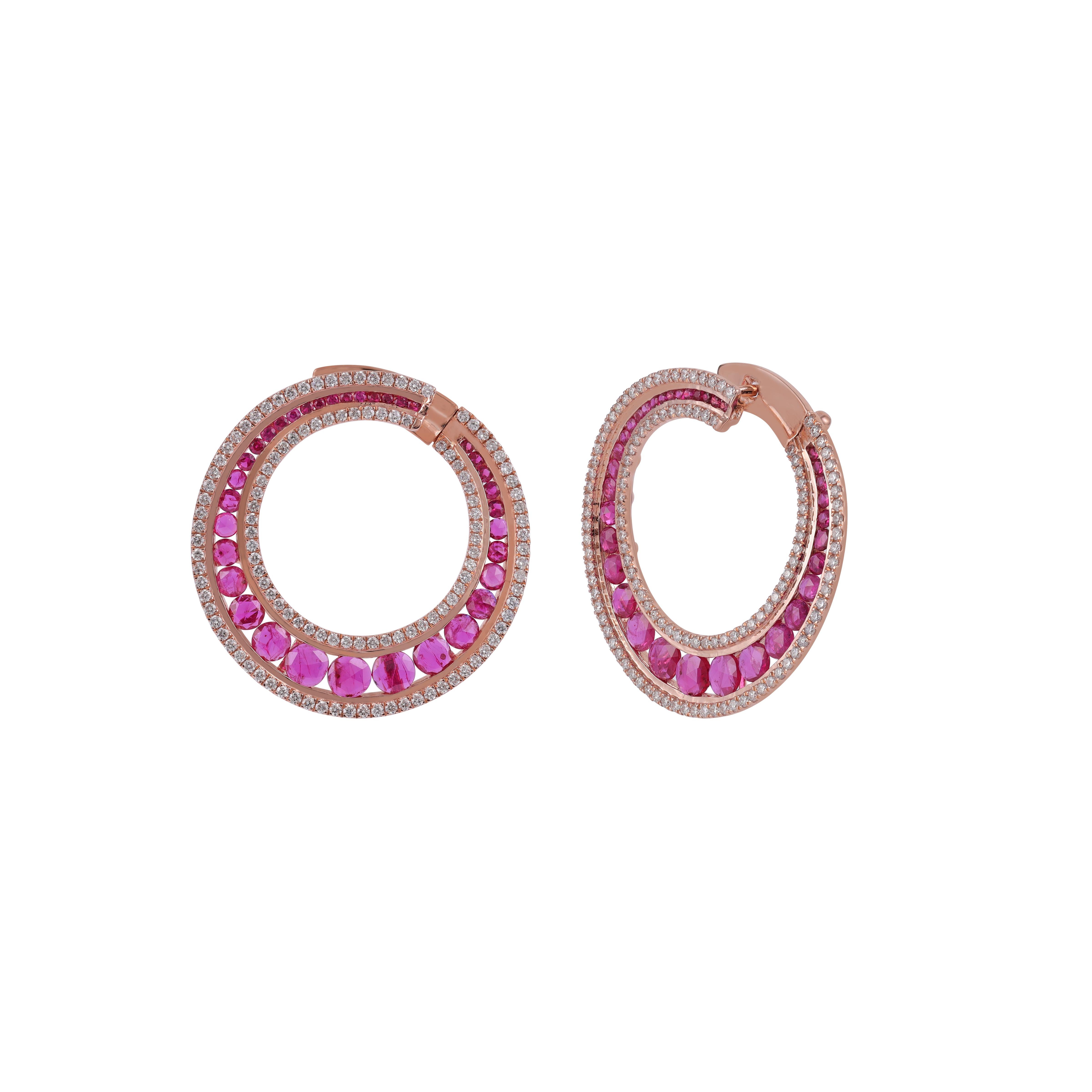 Modern 3.95 Carat Mozambique Ruby and Diamond Earring in 18 Karat Rose Gold For Sale