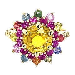 3.95 Carat Natural Yellow Multi Sapphire Diamond Yellow Gold Cocktail Ring