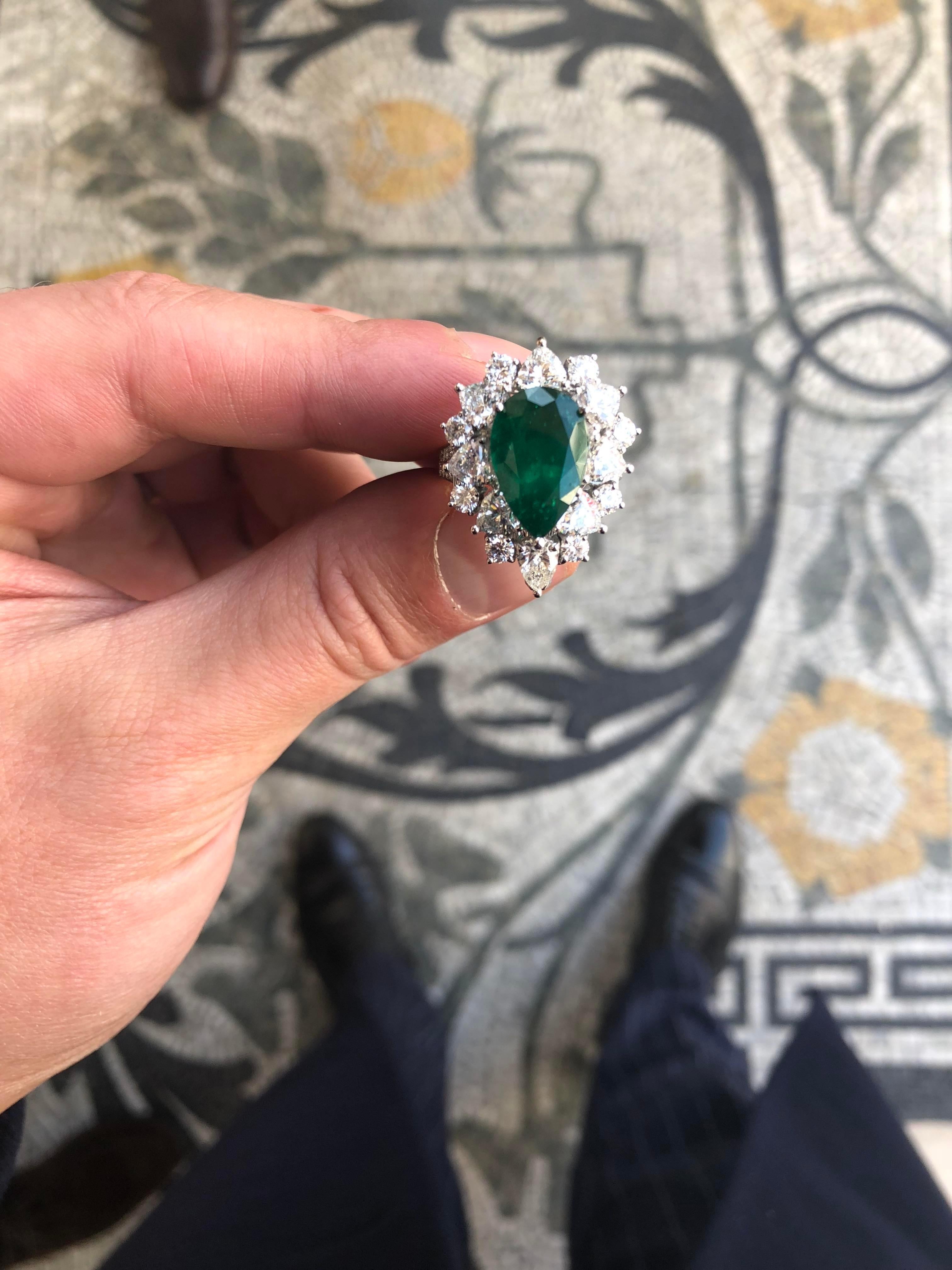 Art Nouveau 3.95 Carat Pear Cut Colombian Emerald Ring with Detachable Diamond Adorned Shank For Sale
