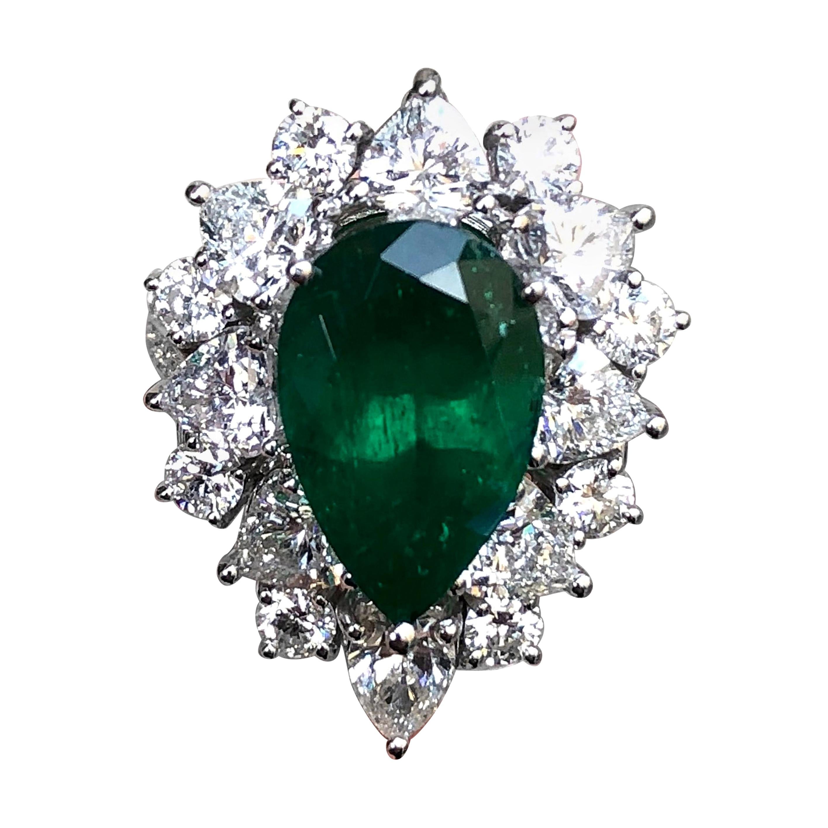 3.95 Carat Pear Cut Colombian Emerald Ring with Detachable Diamond Adorned Shank For Sale