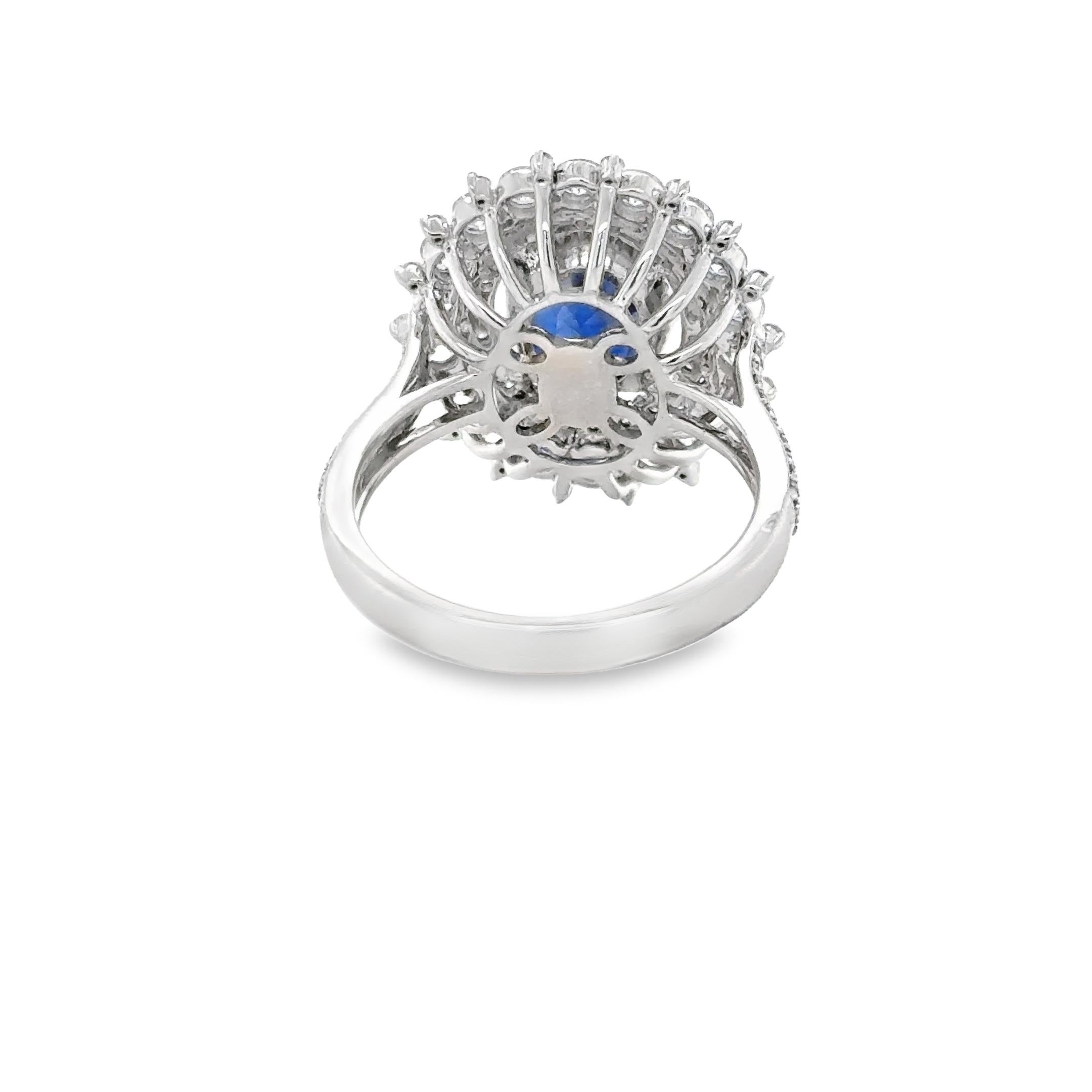 Art Deco 3.95 Carat Royal Blue Oval Sapphire & Diamond Cluster Ring For Sale