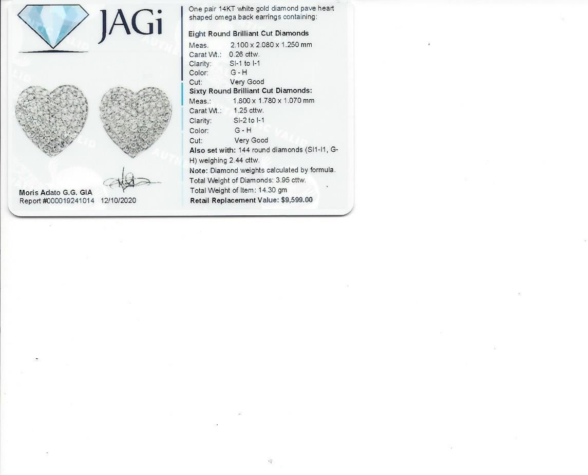 Extra Large Diamond Pave Concave Heart Shaped Earrings in 14 Karat White Gold For Sale 6