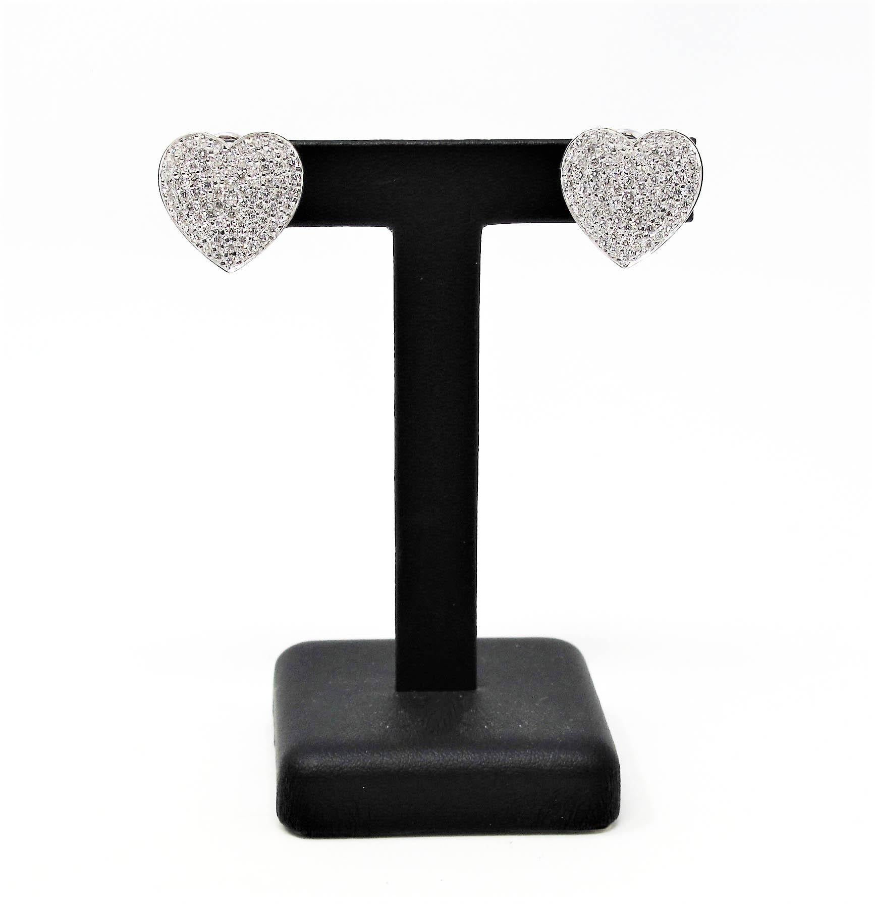 Contemporary Extra Large Diamond Pave Concave Heart Shaped Earrings in 14 Karat White Gold For Sale