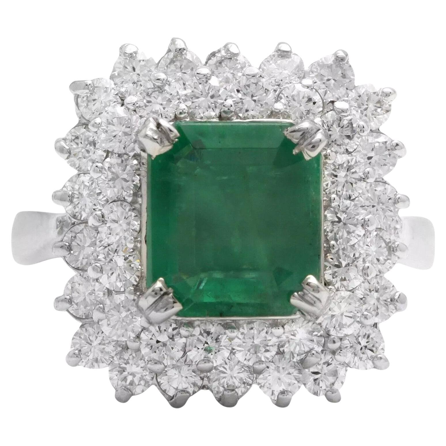 3.95 Carats Natural Emerald and Diamond 14K Solid White Gold Ring For Sale