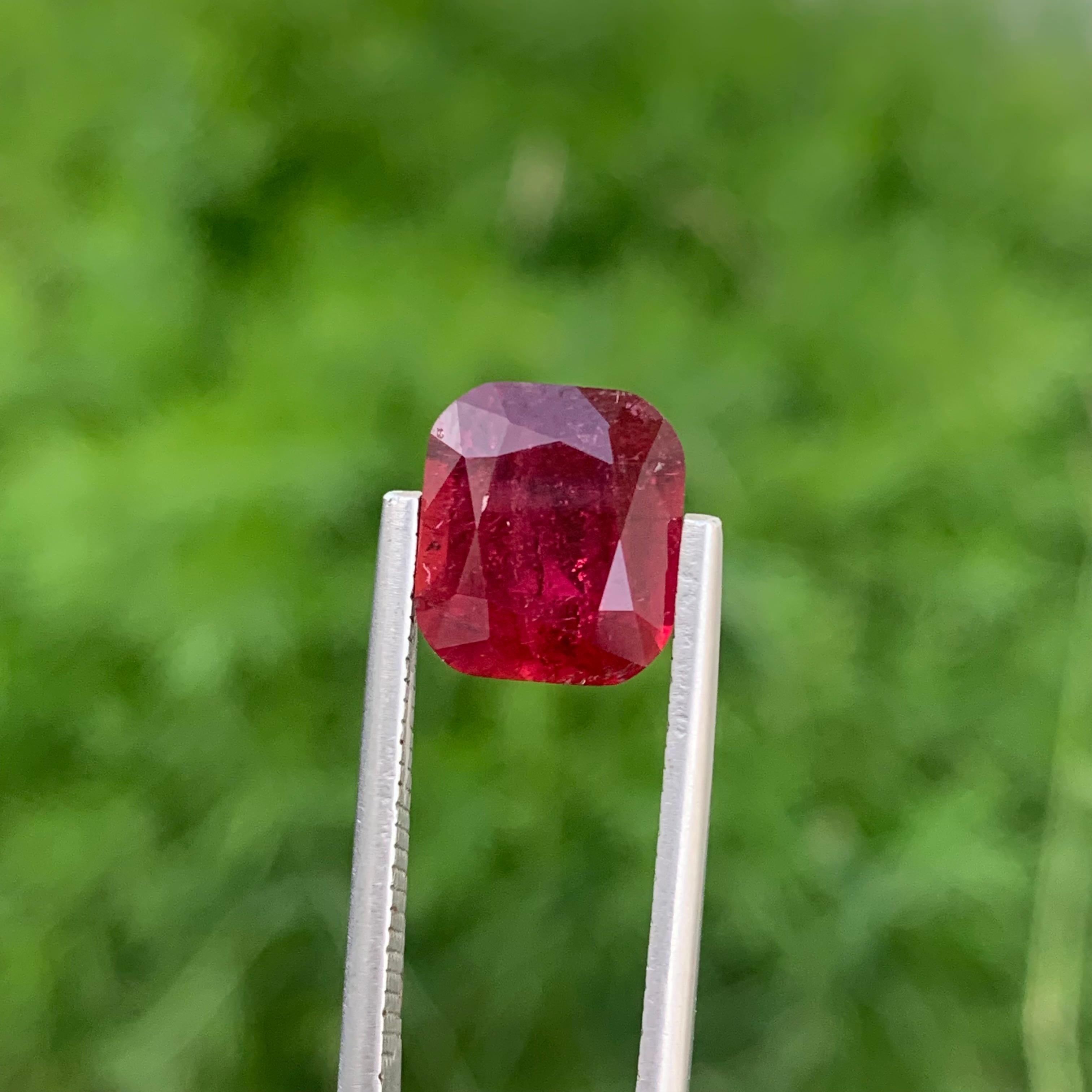 Loose Rubellite 
Weight: 3.95 Carats 
Dimension: 10.3x9.1x5.6 Mm
Origin: Africa
Shape: Cushion 
Color: Red 
Treatment: Non
Rubellite tourmaline is a remarkable and highly-prized variety of tourmaline, known for its vibrant and intense red or pink