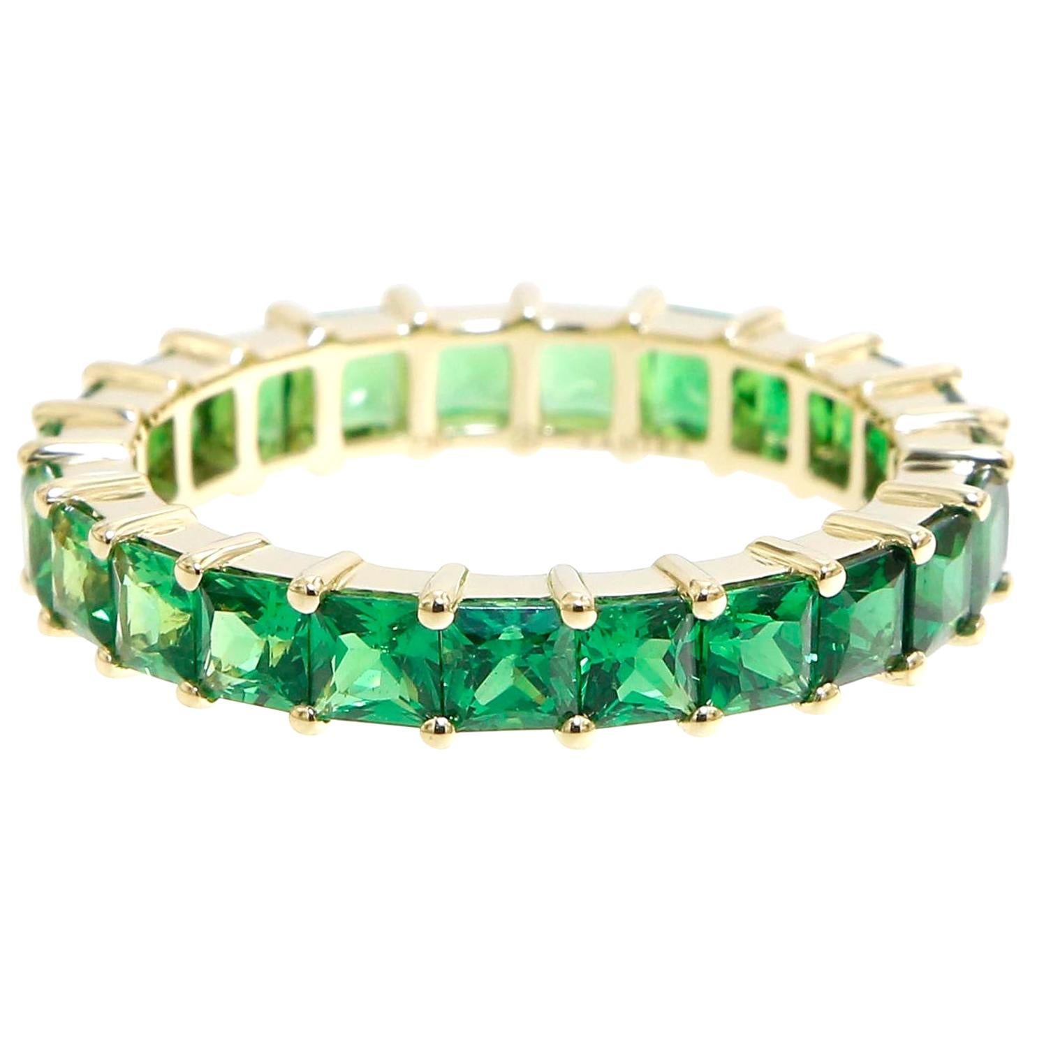 For Sale:  3.95 Carats Square Cut Tsavorite Eternity Band with Fading Color in Yellow Gold