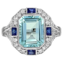 3,95 Ct. Verlobungsring aus 18 Karat Gold mit Aquamarin, Saphir und Diamant im Art-déco-Stil