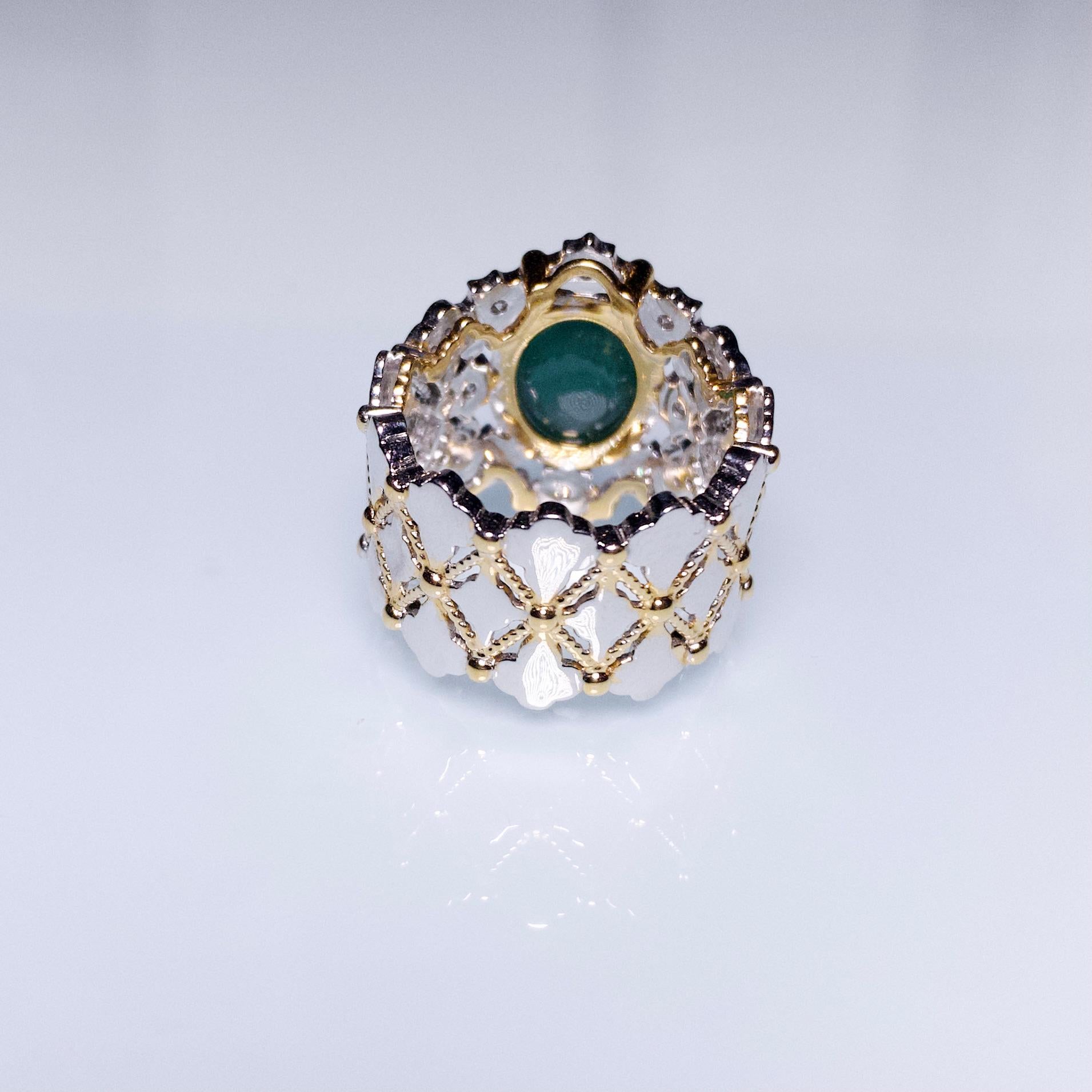 Cabochon 3.95 Ct Vivid Green Emerald and Diamond Ring in 18k Yellow and White Gold
