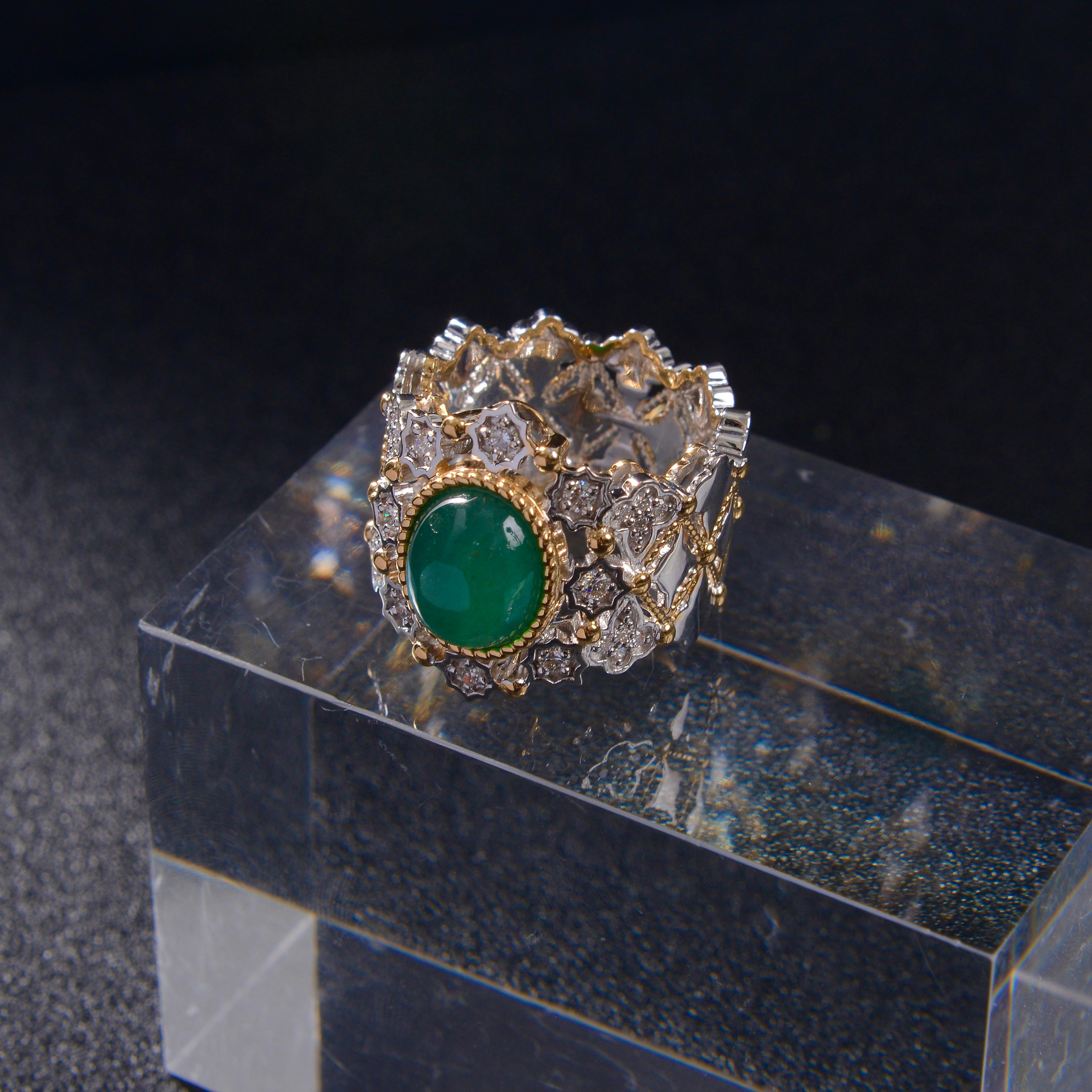 Contemporary 3.95 Ct Vivid Green Emerald and Diamond Ring in 18k Yellow and White Gold