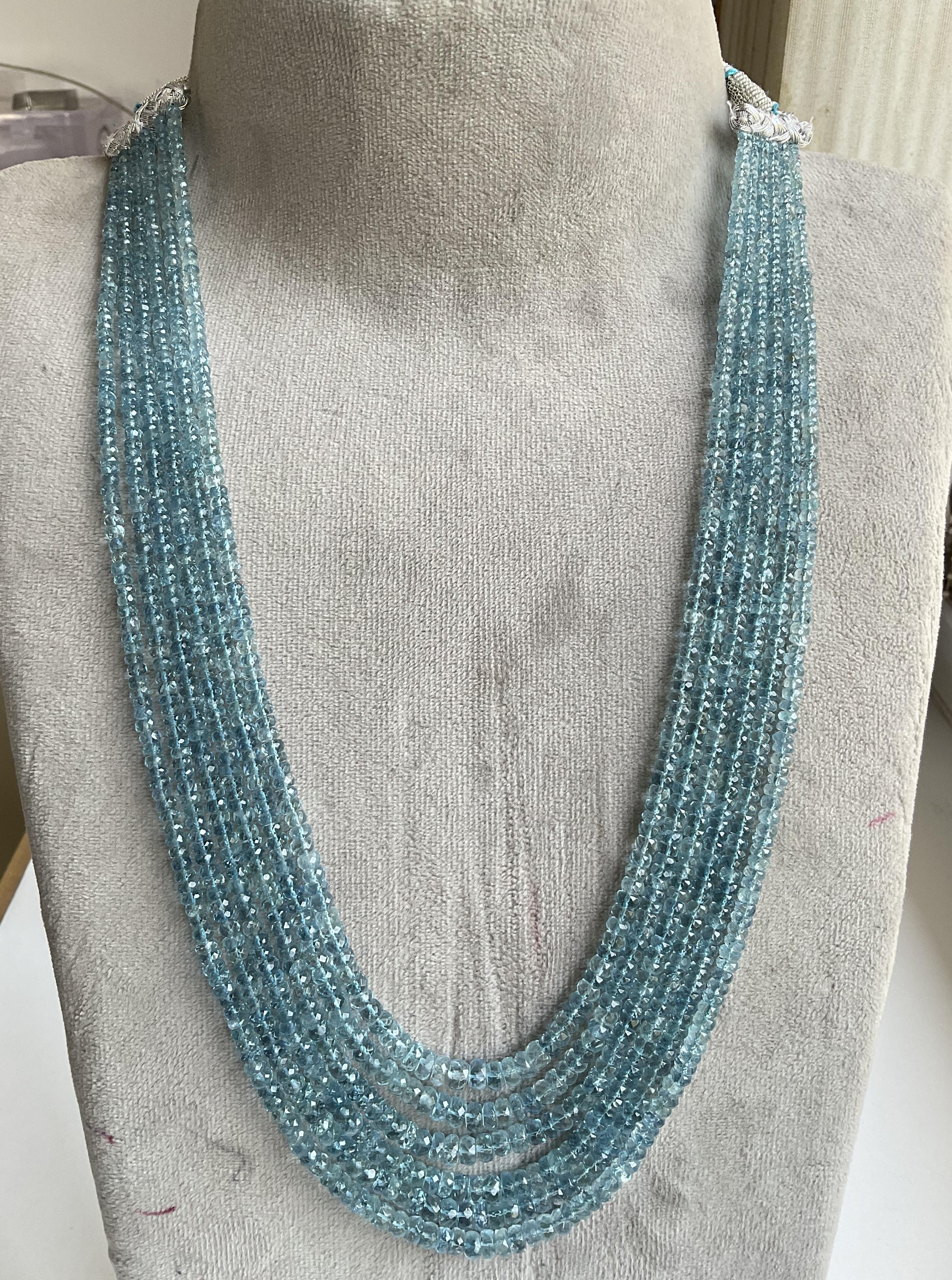 Art Deco 395.00 carats Aquamarine Beaded Necklace 6 Strand Faceted Beads good Quality Gem For Sale