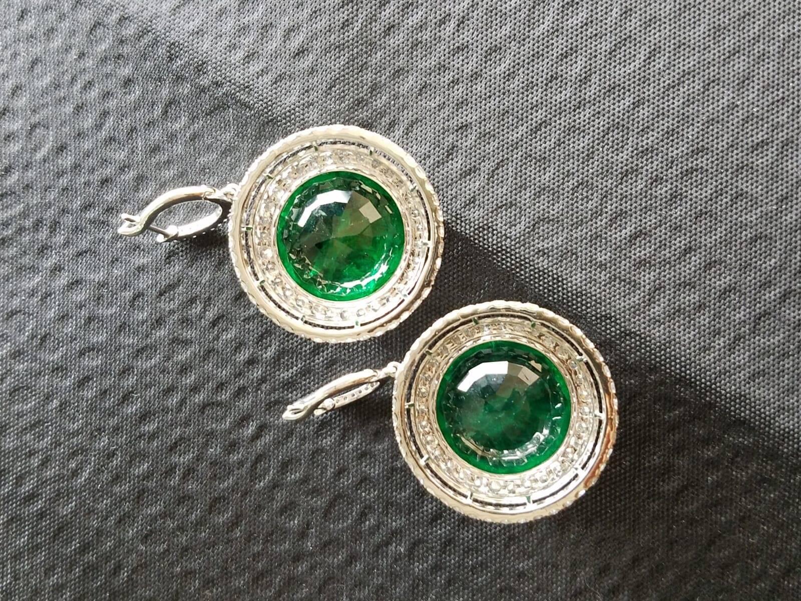 Round Cut 39.53 Carat Emerald and Diamond 18 Karat Dangle Earring