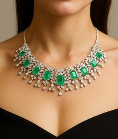 39.54Ct Zambian Emerald 49.15Ct Diamond Wedding Choker Necklace 14K White Gold