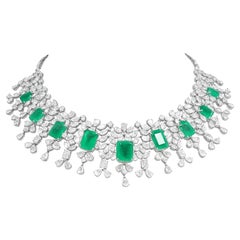 39.54Ct Zambian Emerald 49.15Ct Diamond Wedding 18K White Gold Choker Necklace