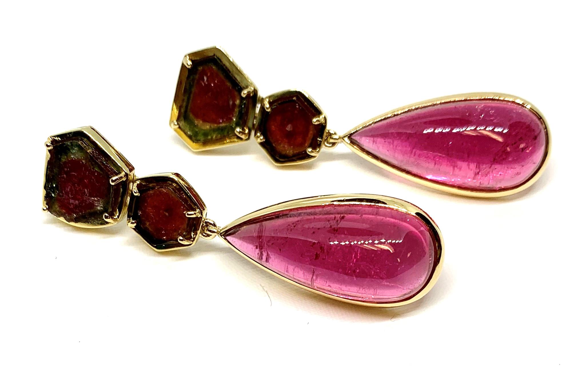 Artisan Watermelon Slice and Pink Tourmaline Drop Earrings in Yellow Gold, 39.55 Carats  For Sale