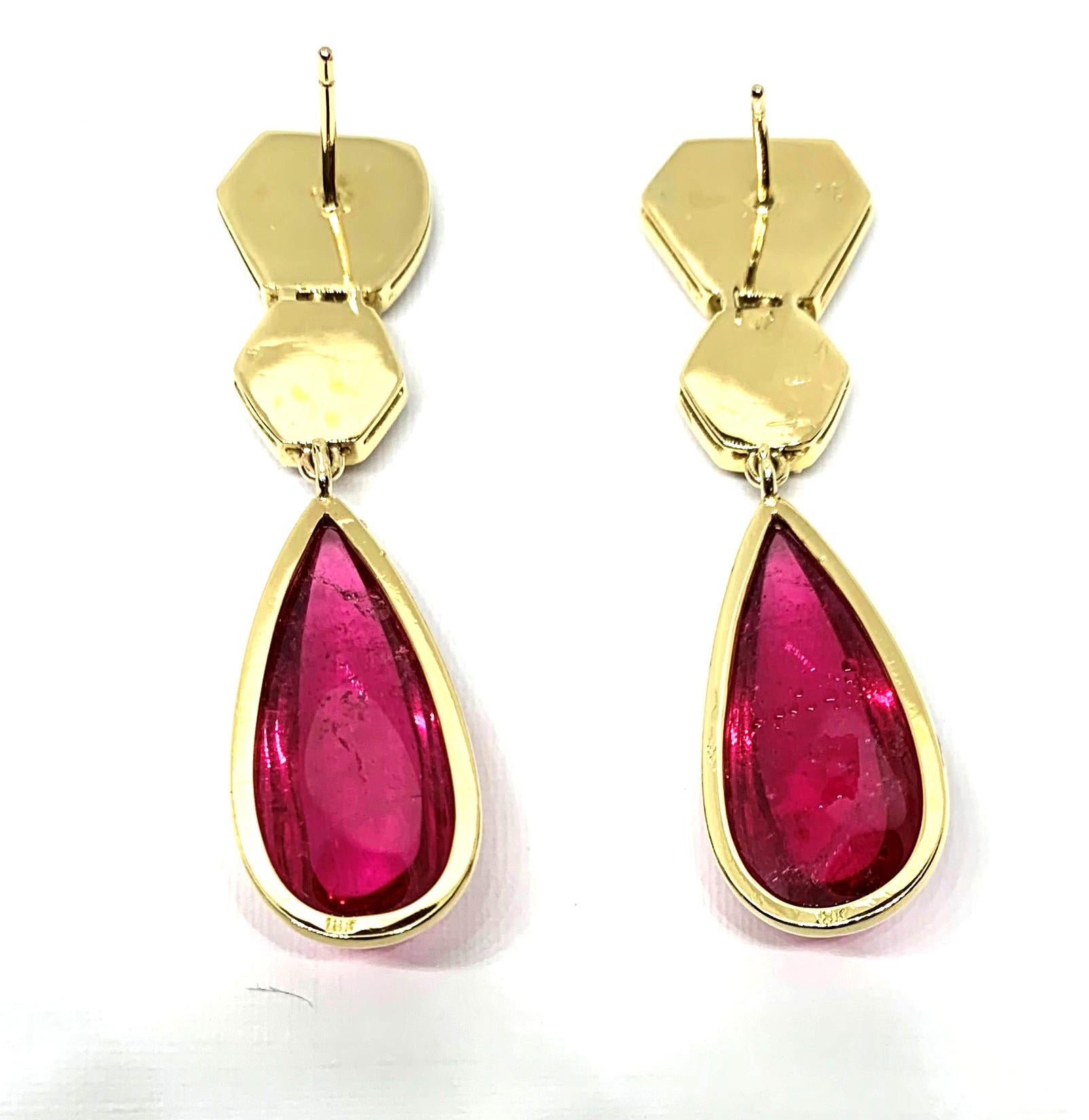 Artisan Watermelon Slice and Pink Tourmaline Drop Earrings in Yellow Gold, 39.55 Carats For Sale