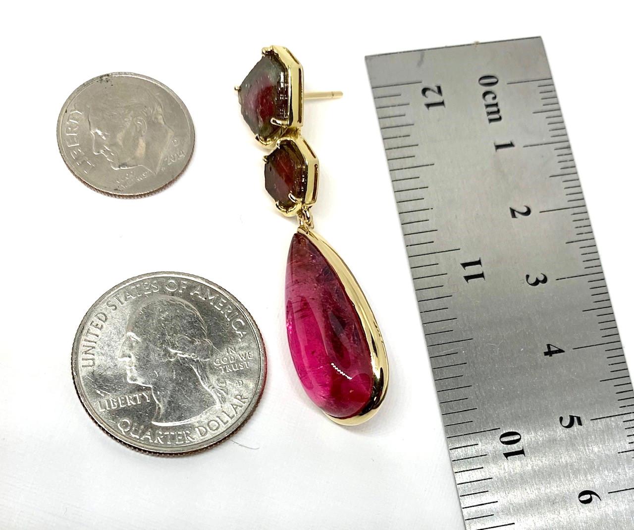 Watermelon Slice and Pink Tourmaline Drop Earrings in Yellow Gold, 39.55 Carats  In New Condition For Sale In Los Angeles, CA