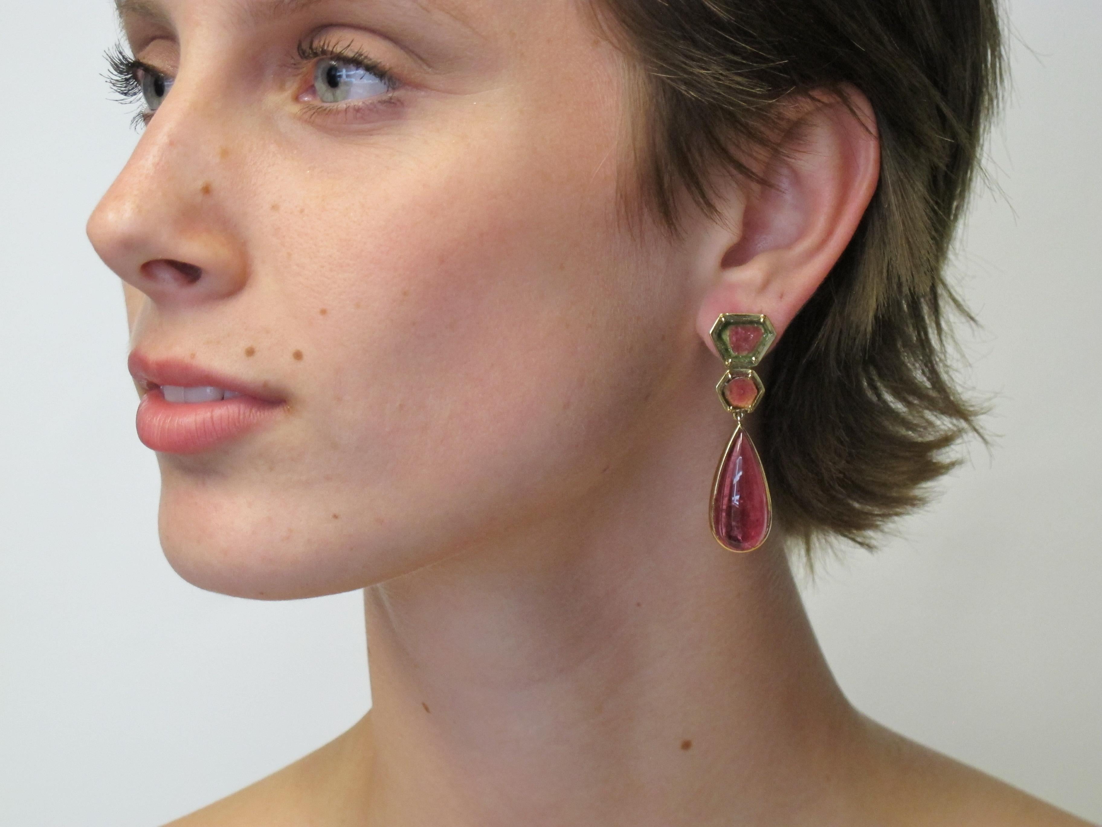 Women's Watermelon Slice and Pink Tourmaline Drop Earrings in Yellow Gold, 39.55 Carats  For Sale