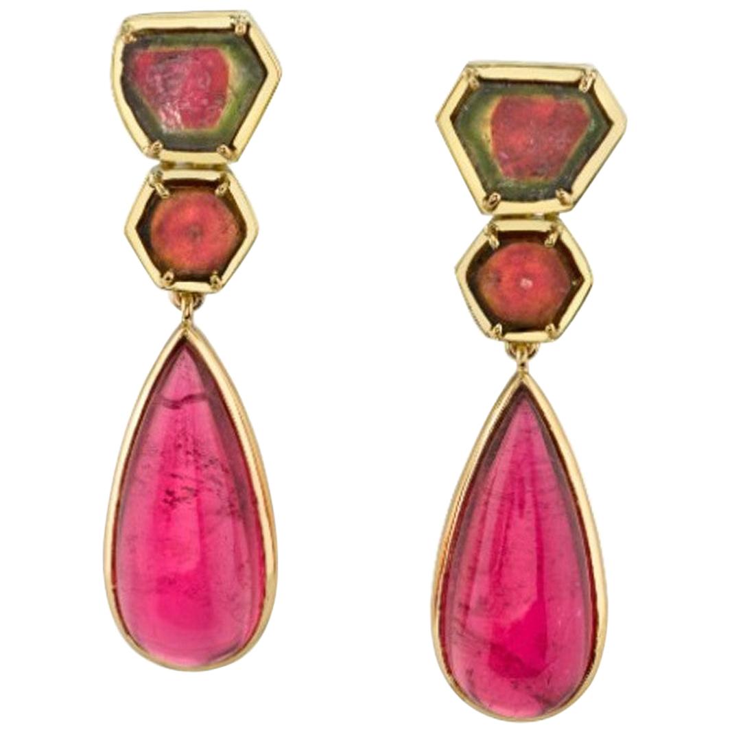 Watermelon Slice and Pink Tourmaline Drop Earrings in Yellow Gold, 39.55 Carats  For Sale