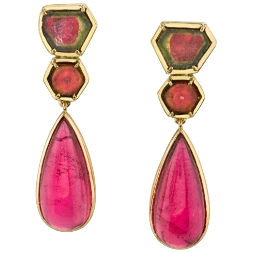 Boucles d'oreilles en goutte en or jaune avec tranches de melon et tourmaline rose, 39,55 carats  en vente