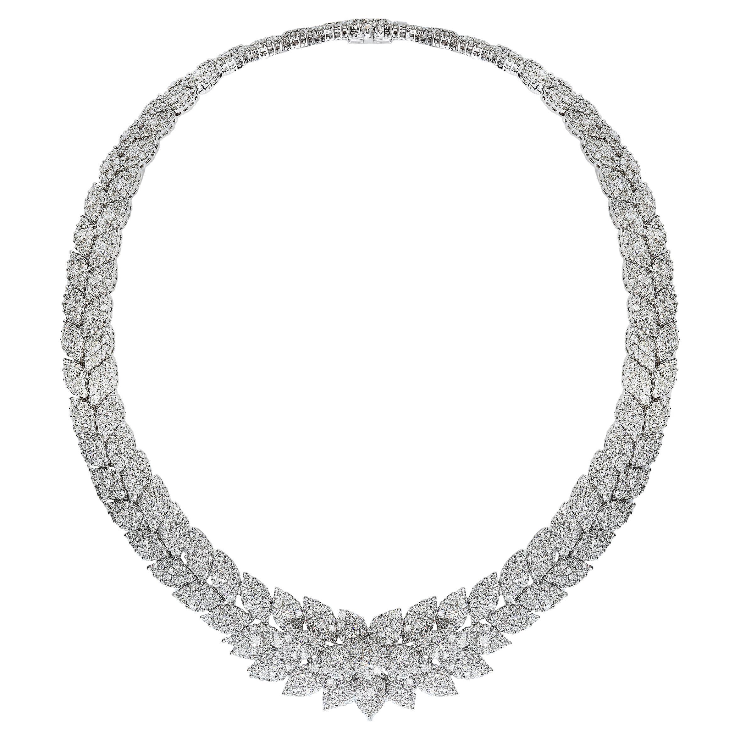 39.58 Carat Cluster Diamond Necklace in 18K White Gold For Sale