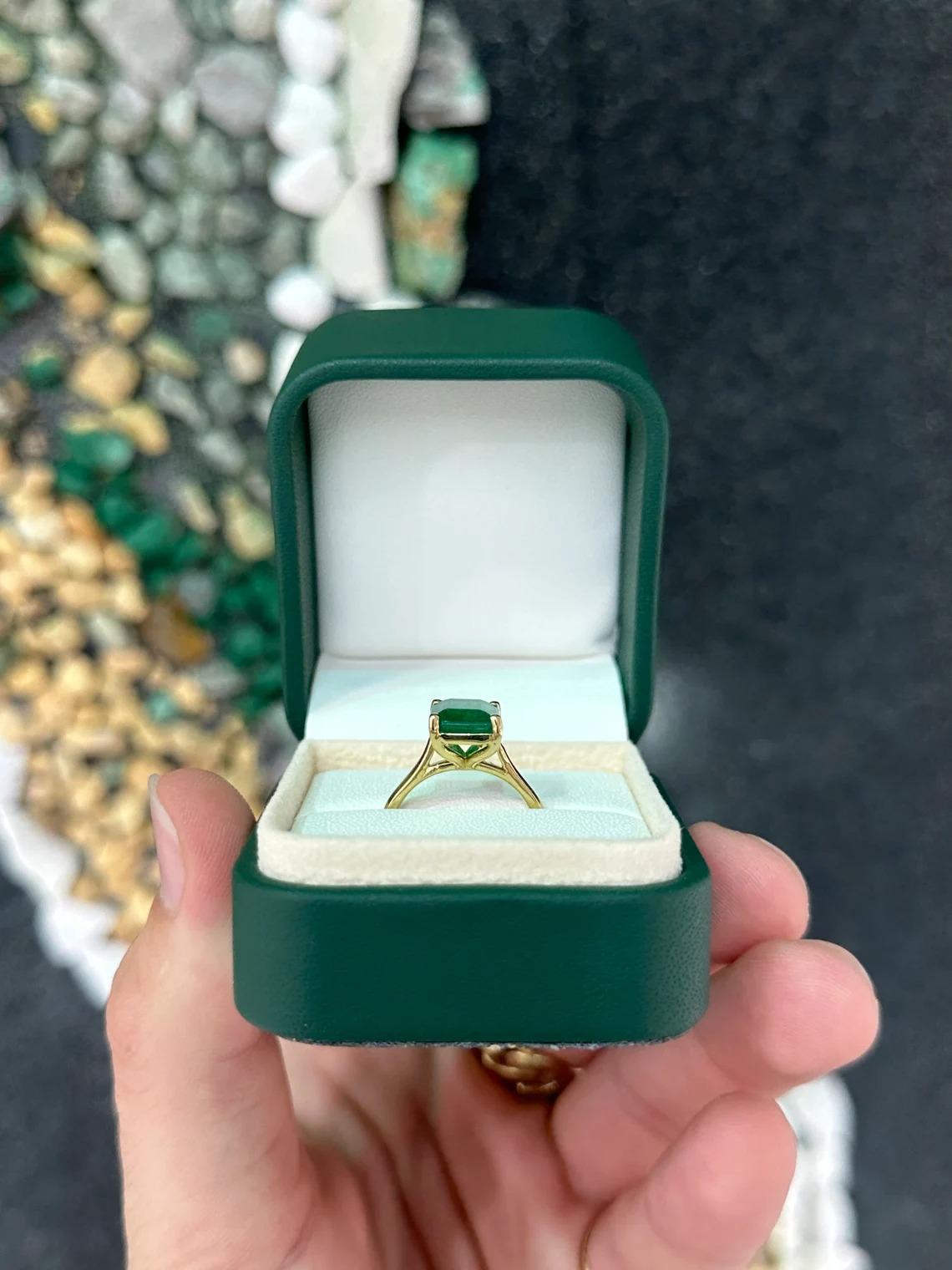 3.95ct 18K Rich Dark Green Emerald Cut Emerald Solitaire 4 Prong Gold Ring In New Condition For Sale In Jupiter, FL