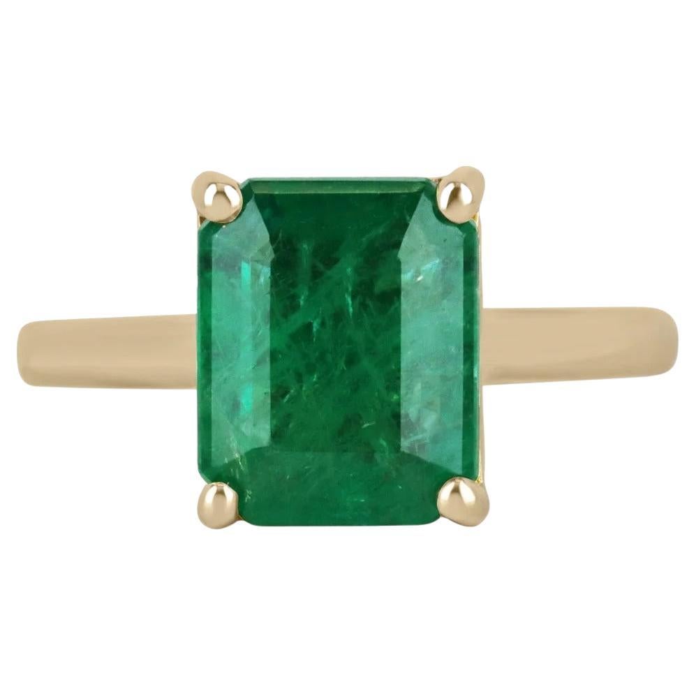 3.95ct 18K Rich Dark Green Emerald Cut Emerald Solitaire 4 Prong Gold Ring