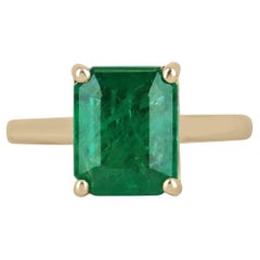 3.95ct 18K Rich Dark Green Emerald Cut Emerald Solitaire 4 Prong Gold Ring