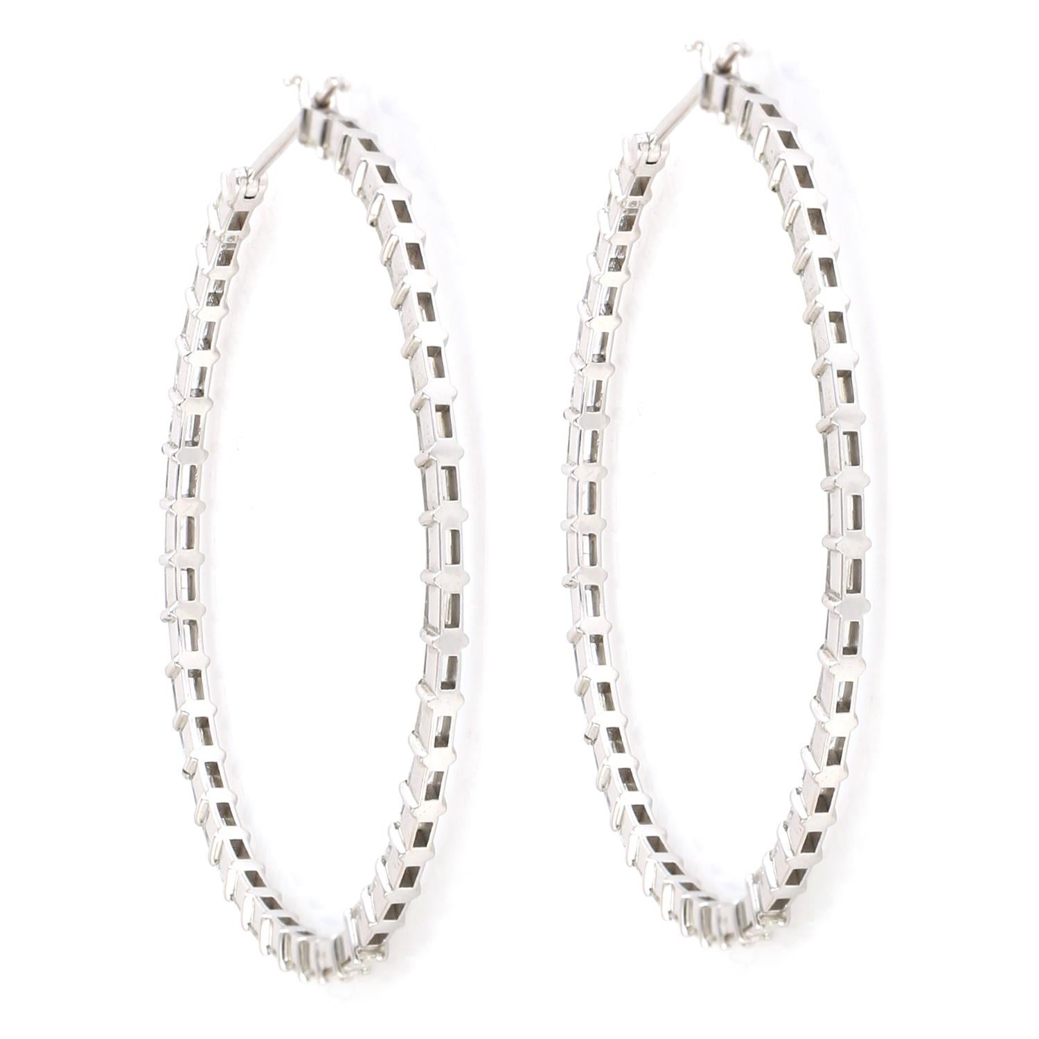 Art Deco 1.75 Inch Diameter Fancy Baguette Diamonds Hoop Earrings Made In 18k White Gold For Sale