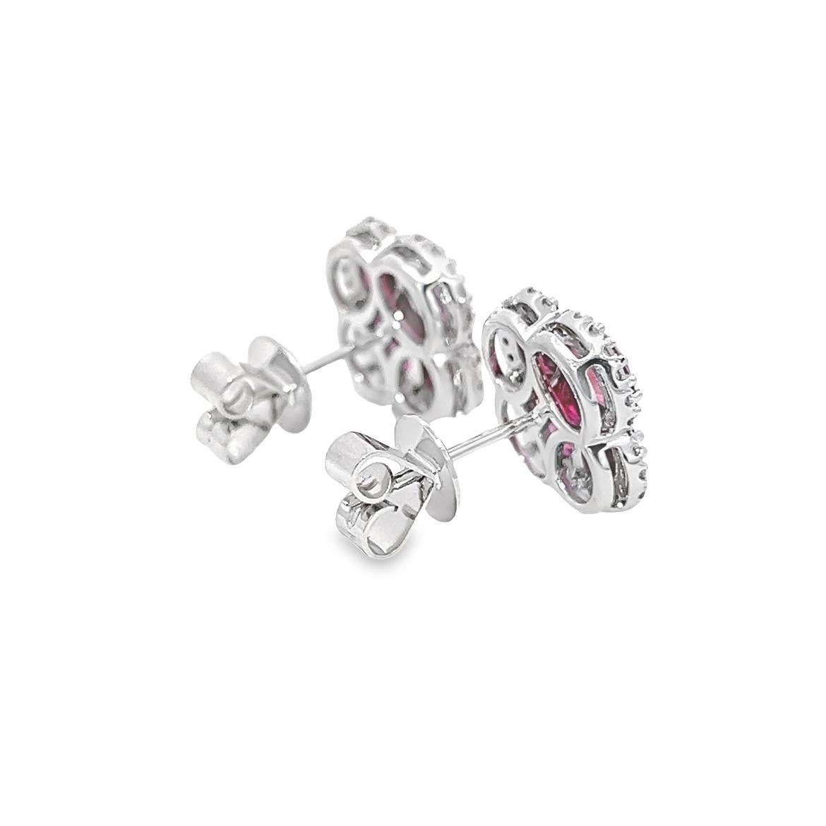 Oval Cut 3.95CT Total Weight Rubies & Diamonds Flower Shape Earrings in 18K White Gold For Sale