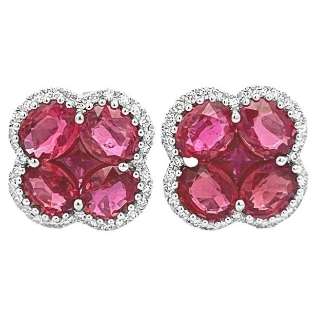 3.95CT Total Weight Rubies & Diamonds Flower Shape Earrings in 18K White Gold For Sale