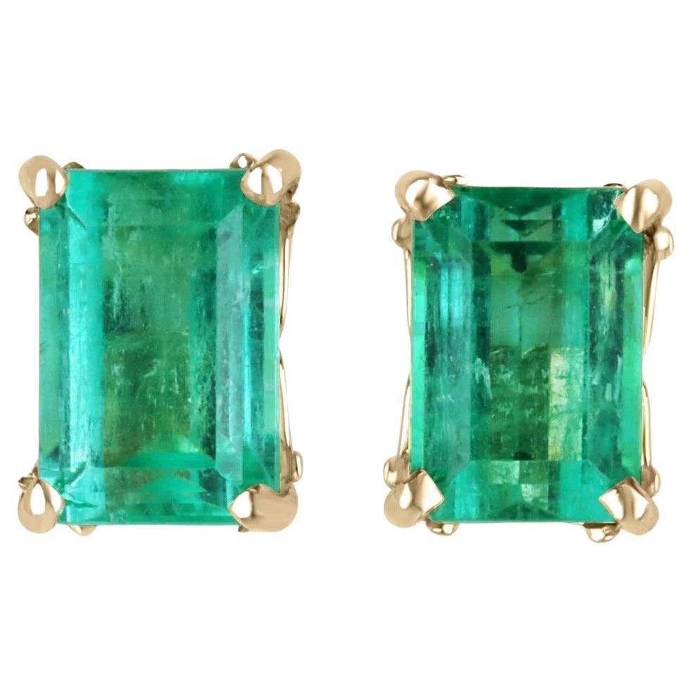 3.95tcw 14K Fleur De Lis Emerald Cut Colombian Emerald Gold Stud Earrings 585 For Sale