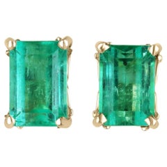 3.95tcw 14K Fleur De Lis Emerald Cut Colombian Emerald Gold Stud Earrings 585