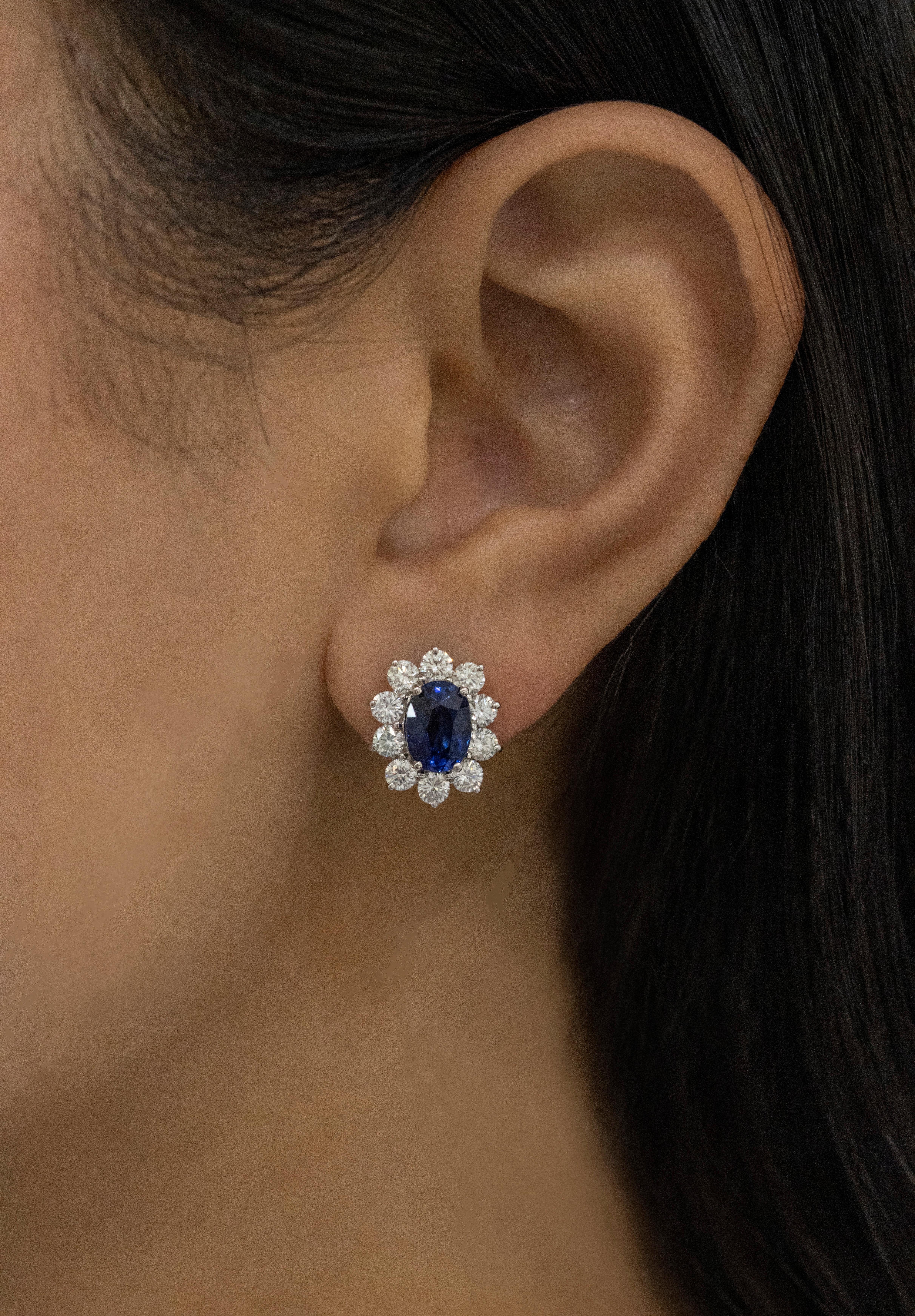 3.96 Carat Blue Sapphire Diamond White Gold Cluster Earrings In New Condition In New York, NY