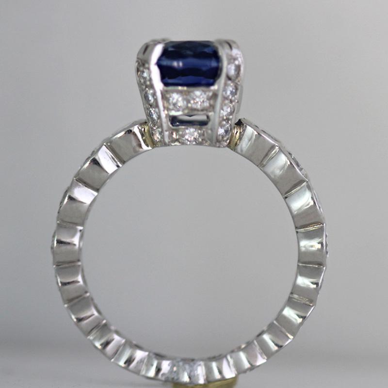 Contemporary 3.96 Carat Cushion Blue Sapphire and Diamond Ring Platinum, Ben Dannie For Sale