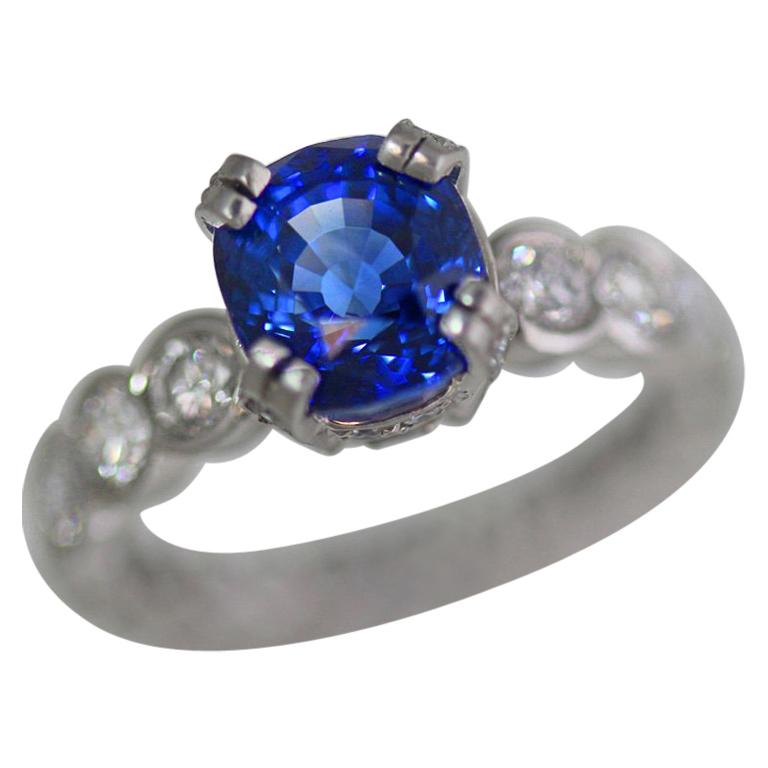 3.96 Carat Cushion Blue Sapphire and Diamond Ring Platinum, Ben Dannie For Sale