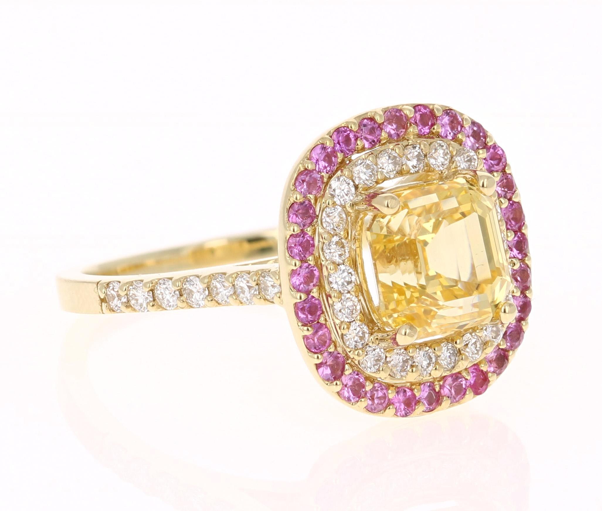 Simply Gorgeous!!!!

This beautiful ring has a Asscher Cut Yellow Sapphire that is GIA Certified. GIA Certificate number is: 2193204319. The Yellow Sapphire is natural and is non-heated stone.

It is surrounded by a halo of 36 Round Cut Diamonds